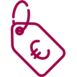 Pinkes Symbol eines Preisschilds mit Eurozeichen, befestigt an einer Schlaufe, auf transparentem Hintergrund.