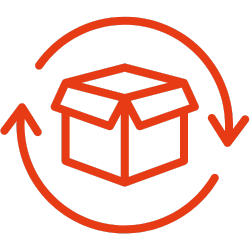 Rotes Symbol eines geöffneten Pakets, umgeben von zwei kreisförmigen Pfeilen, auf transparentem Hintergrund.