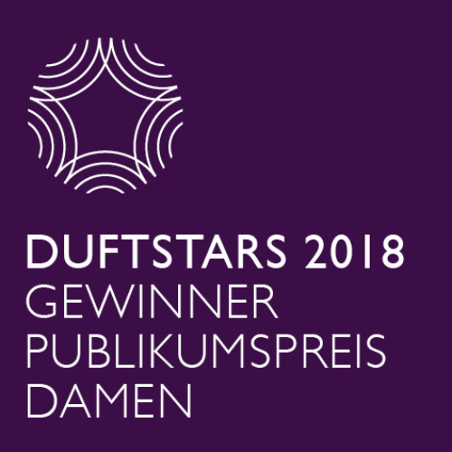 Logo der DUFTSTARS 2018 mit stilisiertem Sternsymbol und Text „DUFTSTARS 2018 – Gewinner Publikumspreis Damen“ auf violettem Hintergrund.