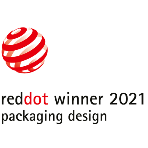 Logo des Red Dot Award mit roter, spiralförmiger Kugel und dem Text „Red Dot Winner 2021 – Packaging Design“ auf transparentem Hintergrund.