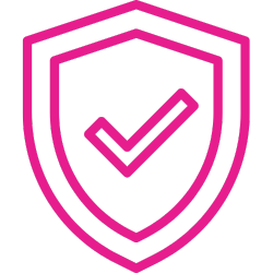 Pinkes Symbol eines Schutzschilds mit Häkchen in der Mitte, auf transparentem Hintergrund.