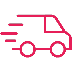 Pinkes Symbol eines Lieferwagens mit Bewegungslinien, auf transparentem Hintergrund.