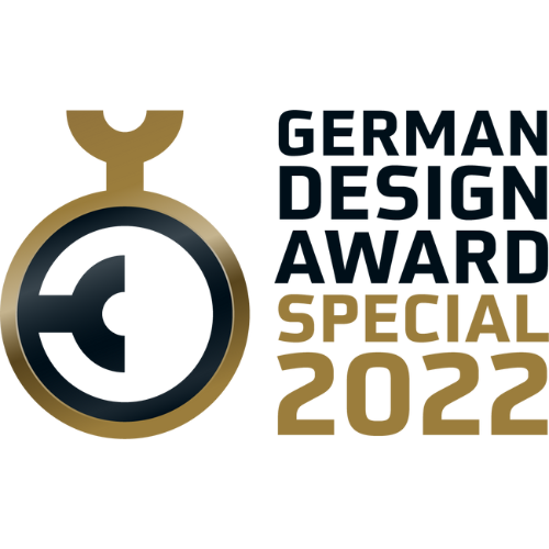 Logo des German Design Award Special 2022. Links ein stilisierter gold-schwarzer Pokal, rechts der Schriftzug „German Design Award Special 2022“.