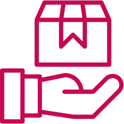 Pinkes Symbol einer ausgestreckten Hand mit einem darüber schwebenden Paket mit Schleifenband, auf transparentem Hintergrund.