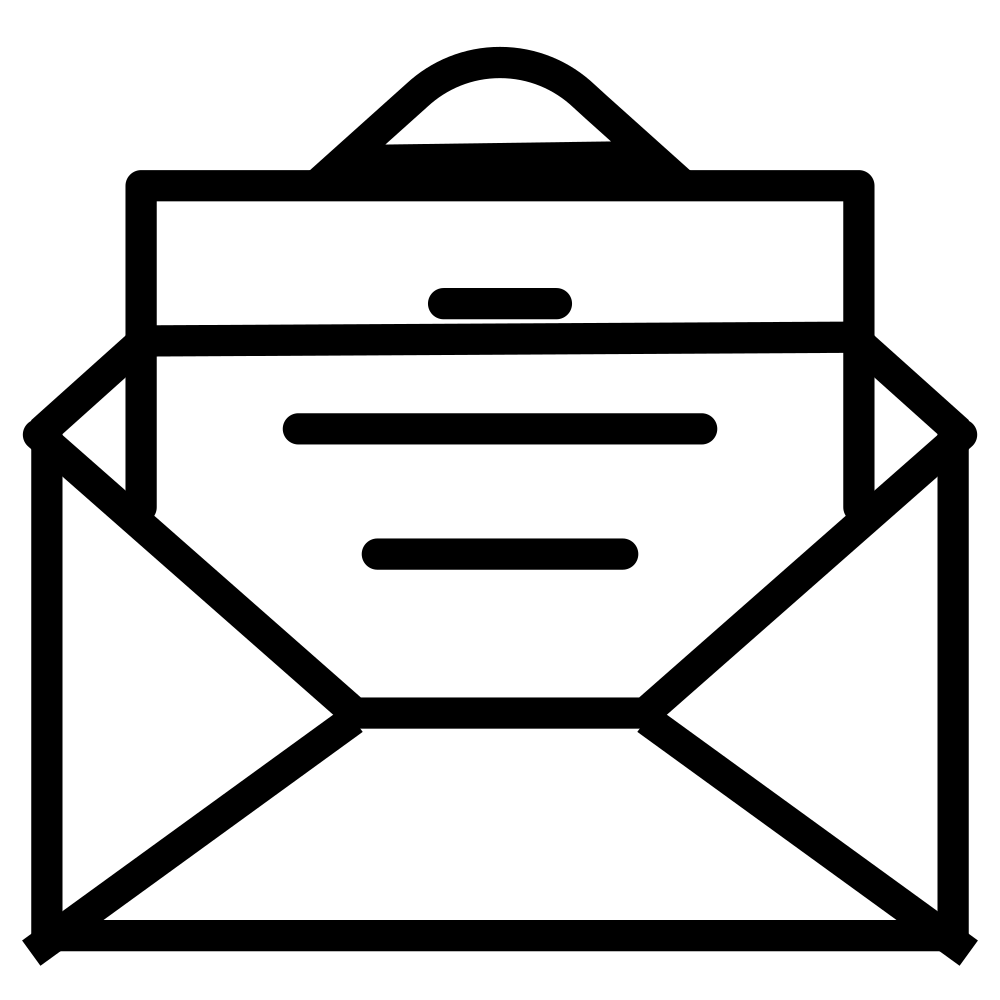 Schwarzes Symbol eines offenen Briefumschlags mit sichtbarem Blatt Papier und Zeilen, auf transparentem Hintergrund.