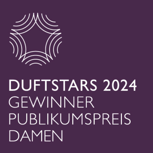 Logo der DUFTSTARS 2024 mit abstrakter Stern-Grafik und Text „DUFTSTARS 2024 – Gewinner Publikumspreis Damen“ auf violettem Hintergrund.