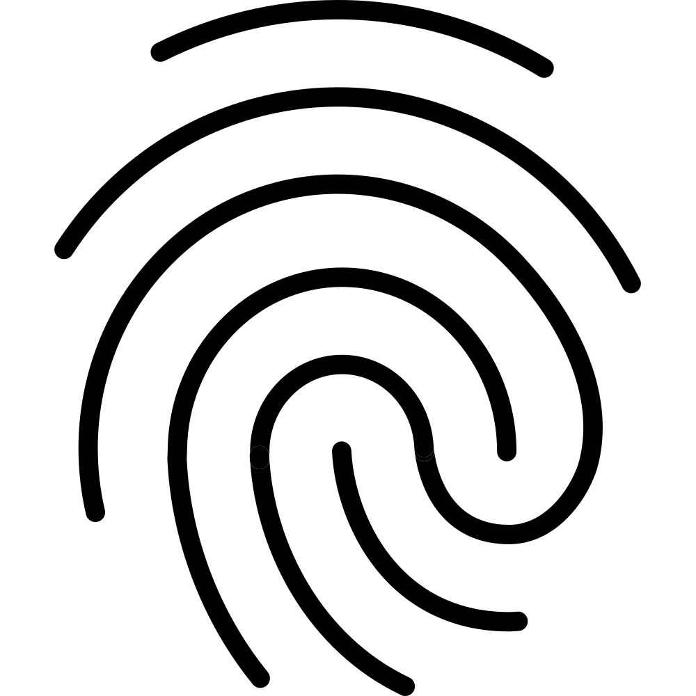 Schwarzes Fingerabdruck-Symbol mit abstrahierten Linien auf transparentem Hintergrund.